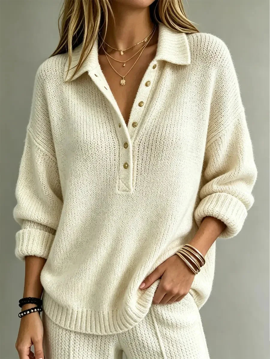 Women's Relaxed Knit Polo Jumper with Gold Buttons, White, view 1