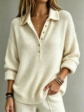 Women's Relaxed Knit Polo Jumper with Gold Buttons, White, view 1