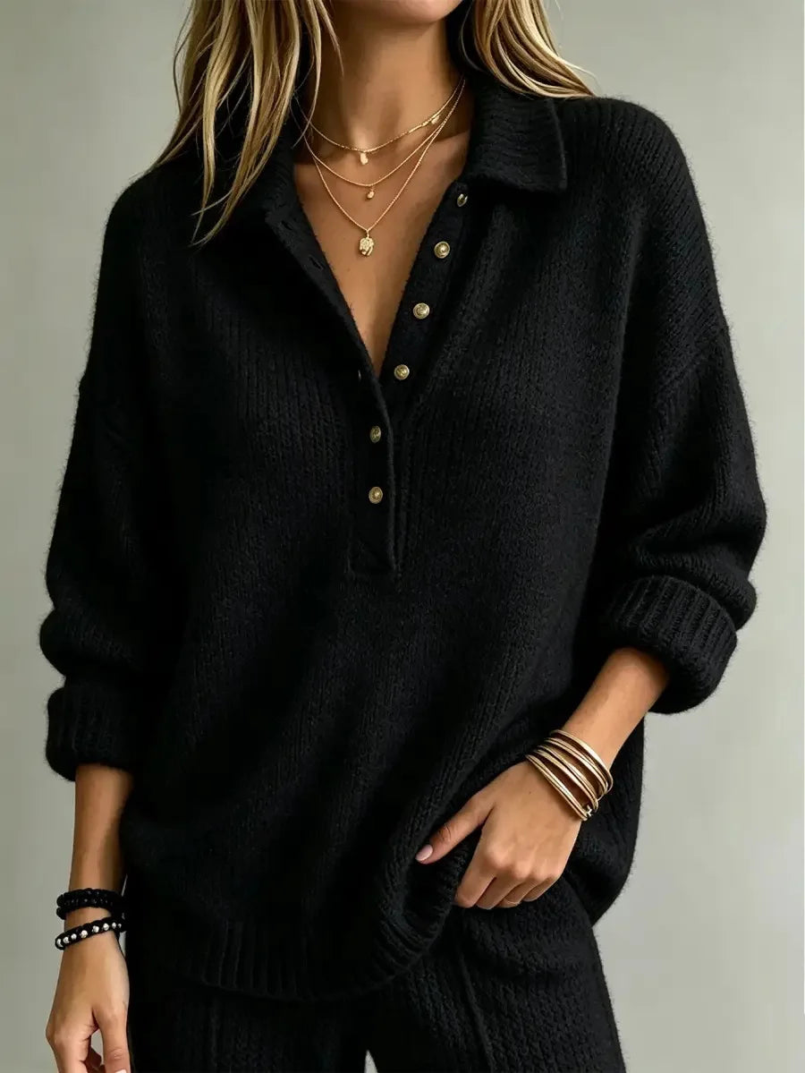 Women's Relaxed Knit Polo Jumper with Gold Buttons, Black, view 3