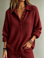 Women's Relaxed Knit Polo Jumper with Gold Buttons, Red, view 5