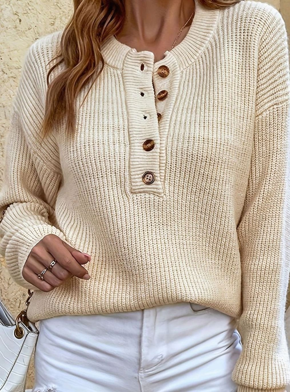 Women's Relaxed Ribbed Henley Jumper with Frilled Neckline, Beige, view 1