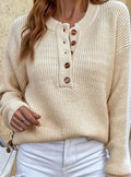 Women's Relaxed Ribbed Henley Jumper with Frilled Neckline, Beige, view 1