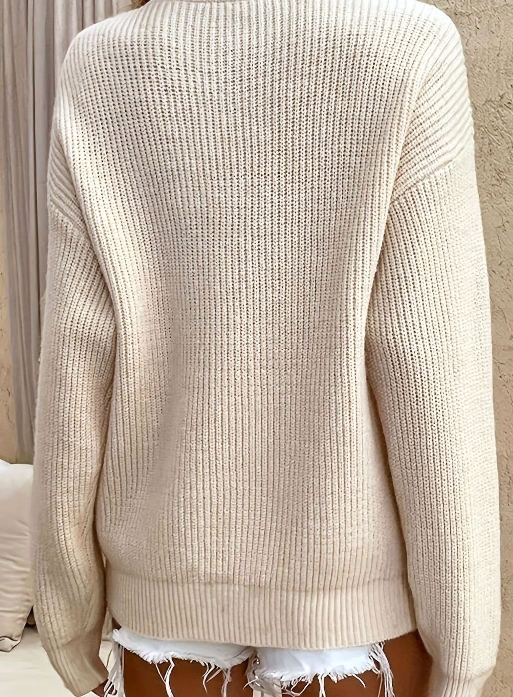 Women's Relaxed Ribbed Henley Jumper with Frilled Neckline, view 2