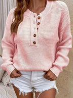 Women's Relaxed Ribbed Henley Jumper with Frilled Neckline, Pink, view 5