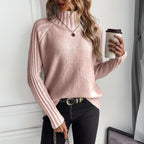 Women's Relaxed Turtleneck Jumper with Ribbed Raglan Sleeves, Pink, view 2