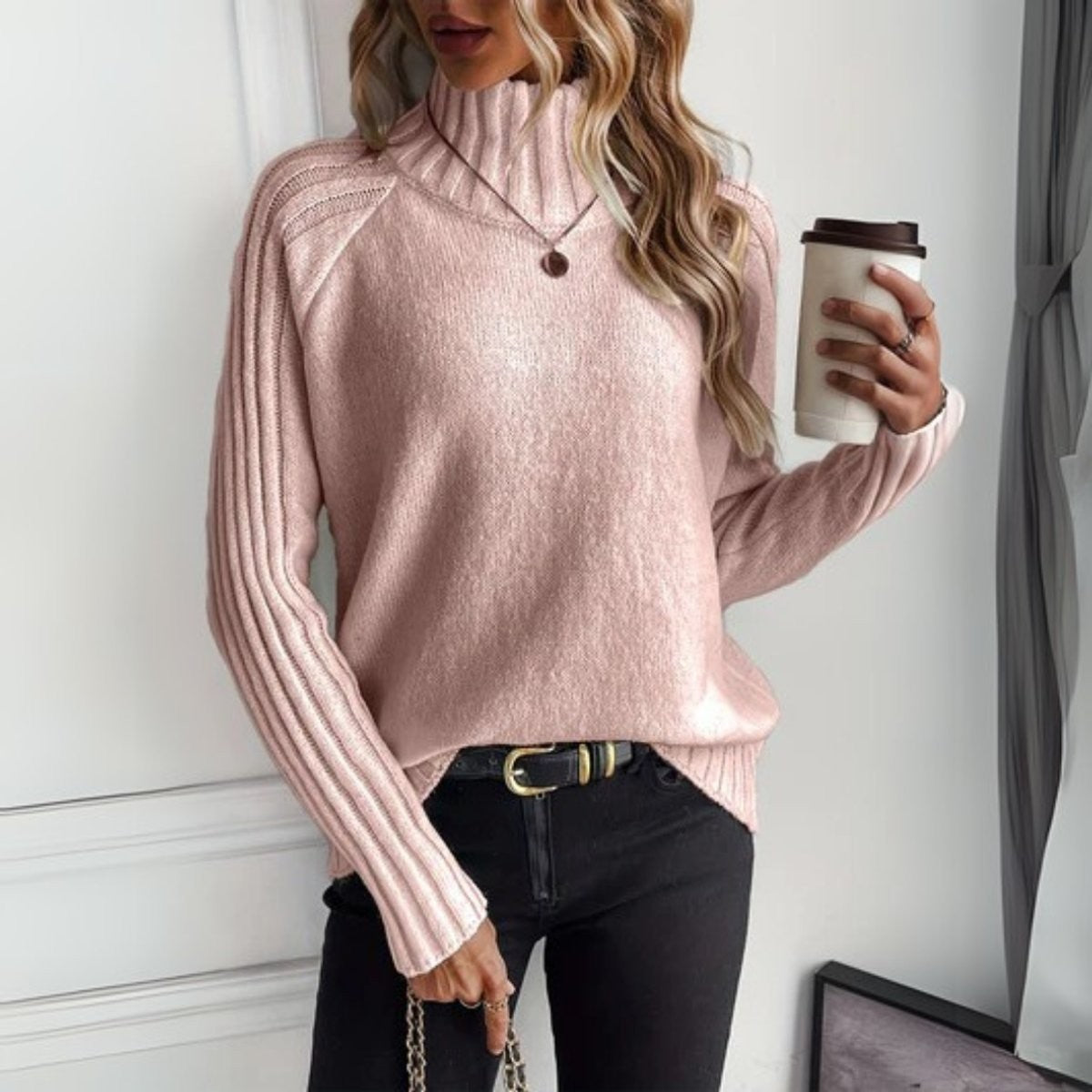 Women's Relaxed Turtleneck Jumper with Ribbed Raglan Sleeves, Pink, view 2
