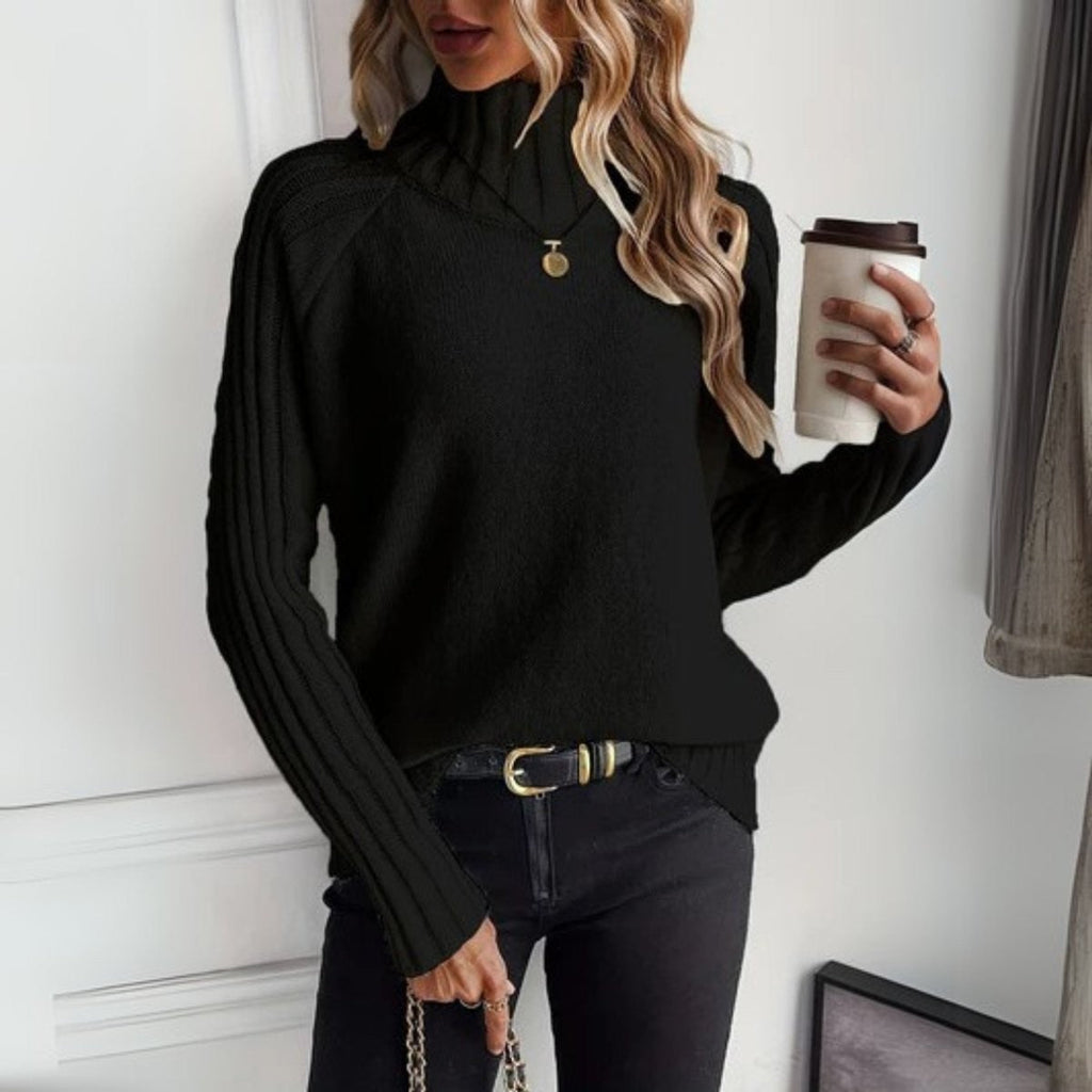 Women's Relaxed Turtleneck Jumper with Ribbed Raglan Sleeves, Black, view 3