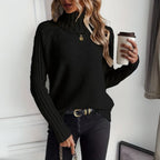 Women's Relaxed Turtleneck Jumper with Ribbed Raglan Sleeves, Black, view 3