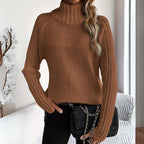Women's Relaxed Turtleneck Jumper with Ribbed Raglan Sleeves, Brown, view 4