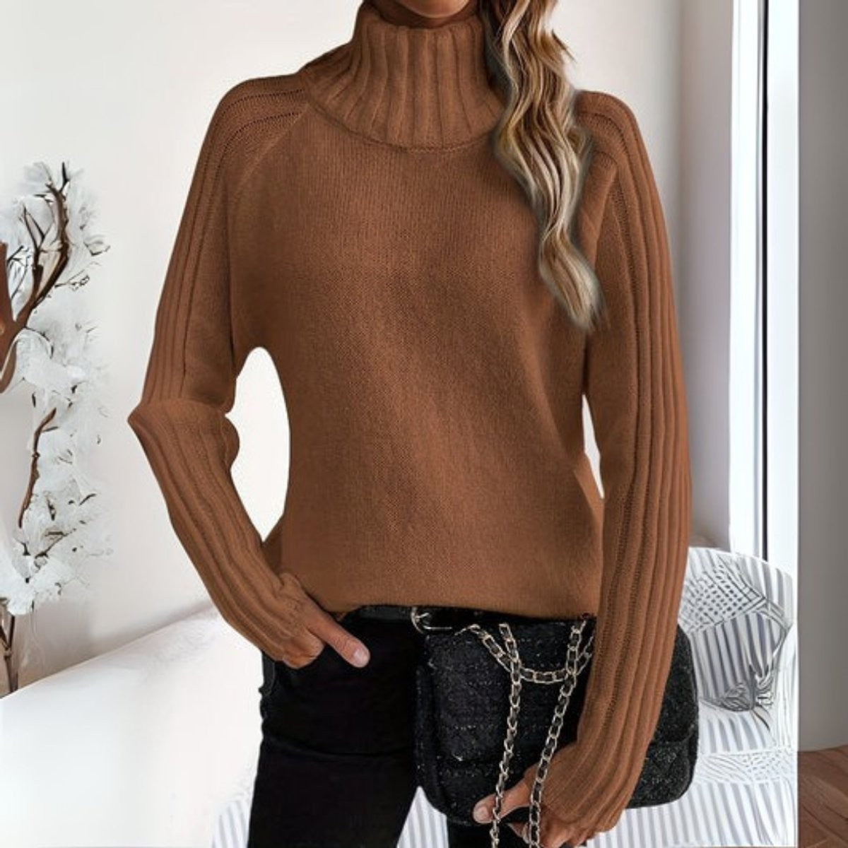 Women's Relaxed Turtleneck Jumper with Ribbed Raglan Sleeves, Brown, view 4
