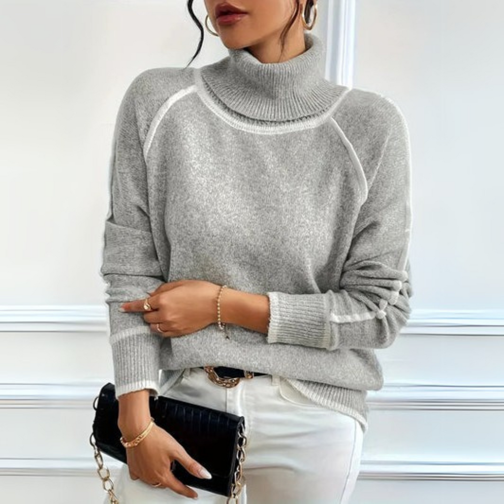 Women's Relaxed Turtleneck Jumper with White Contrast Trim, Grey, view 1