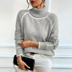 Women's Relaxed Turtleneck Jumper with White Contrast Trim, Grey, view 1