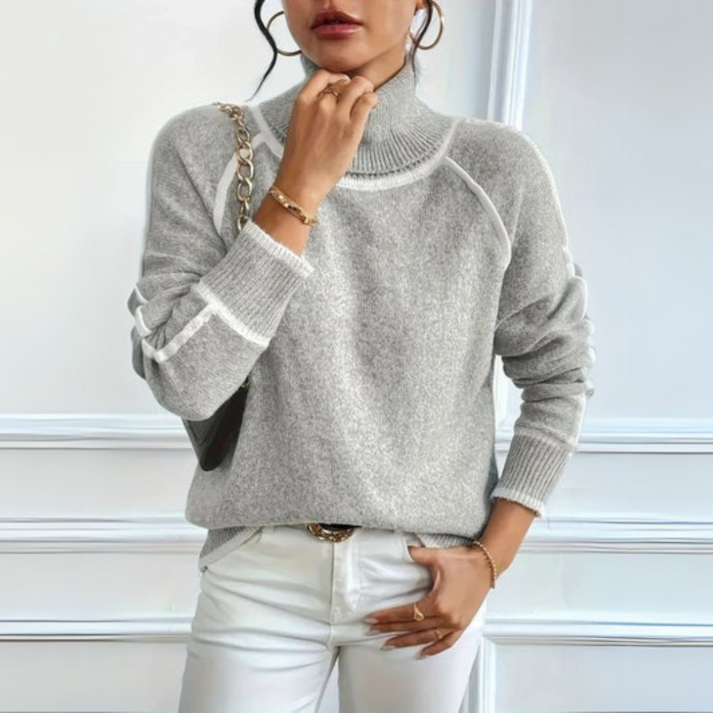 Women's Relaxed Turtleneck Jumper with White Contrast Trim, view 2