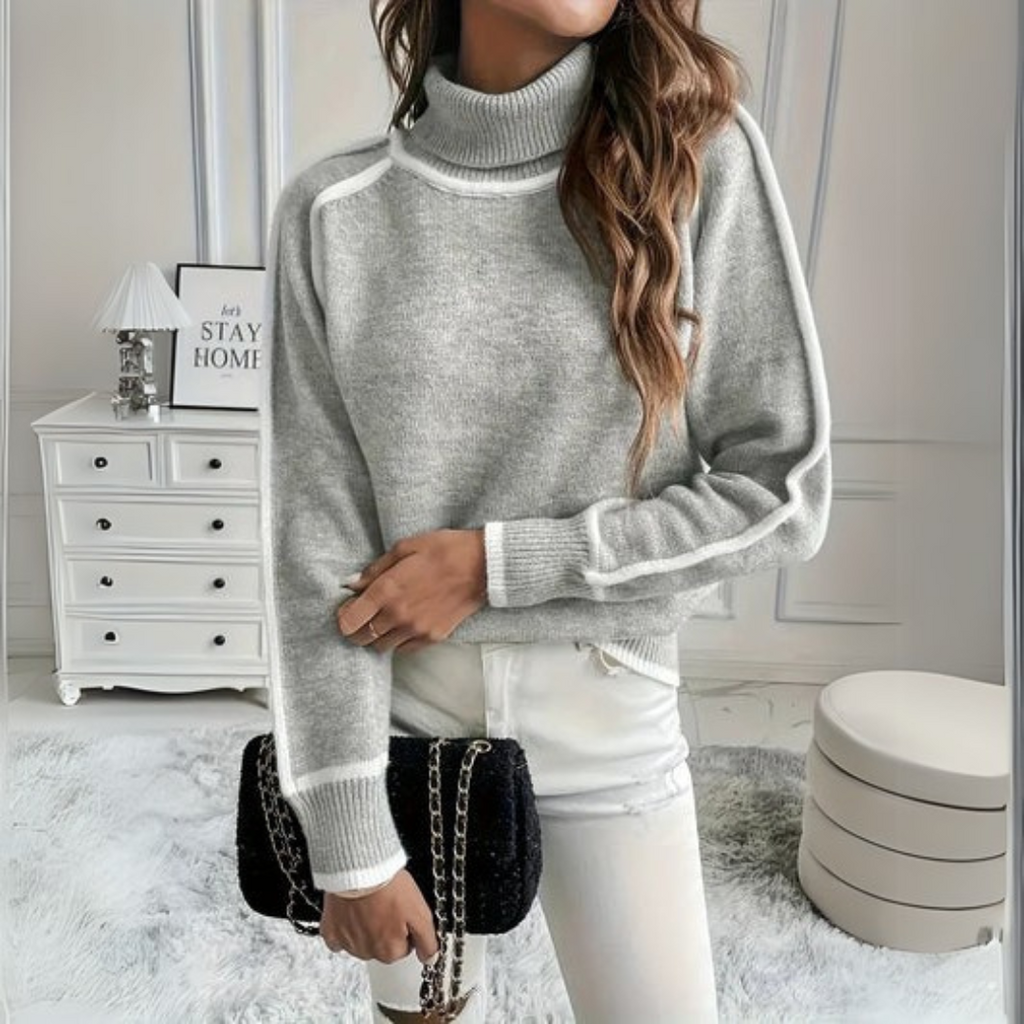 Women's Relaxed Turtleneck Jumper with White Contrast Trim, view 3