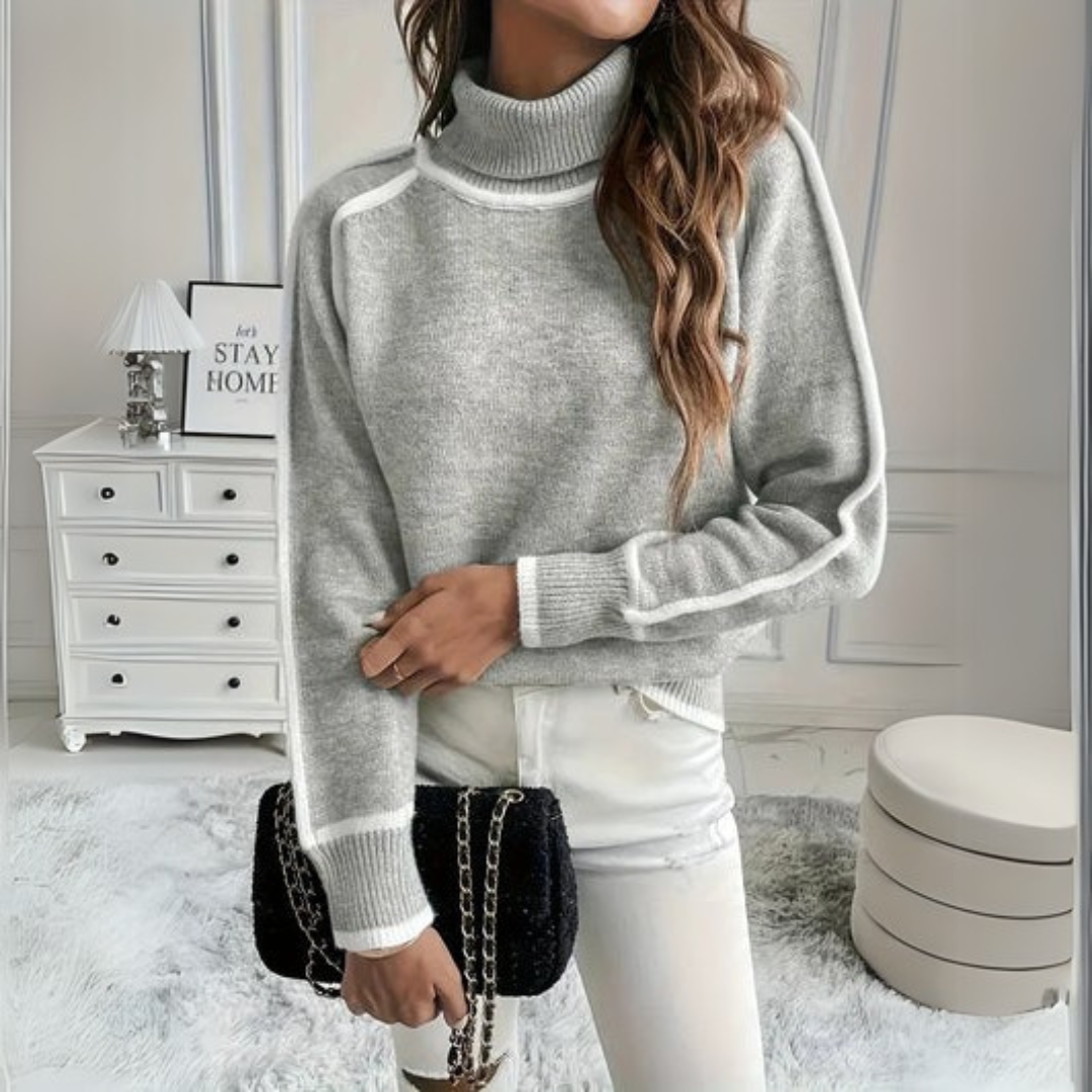 Women's Relaxed Turtleneck Jumper with White Contrast Trim, view 3