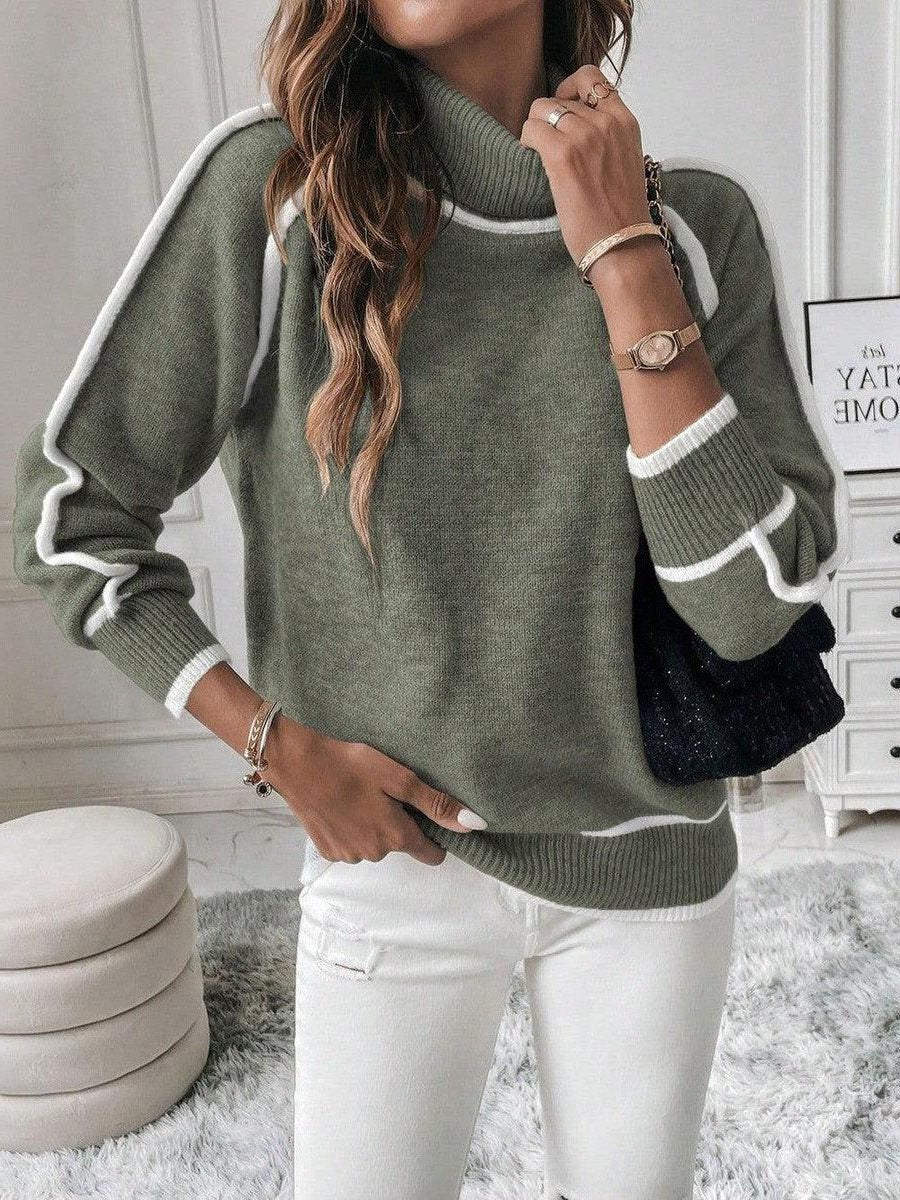 Women's Relaxed Turtleneck Jumper with White Contrast Trim, Green, view 4
