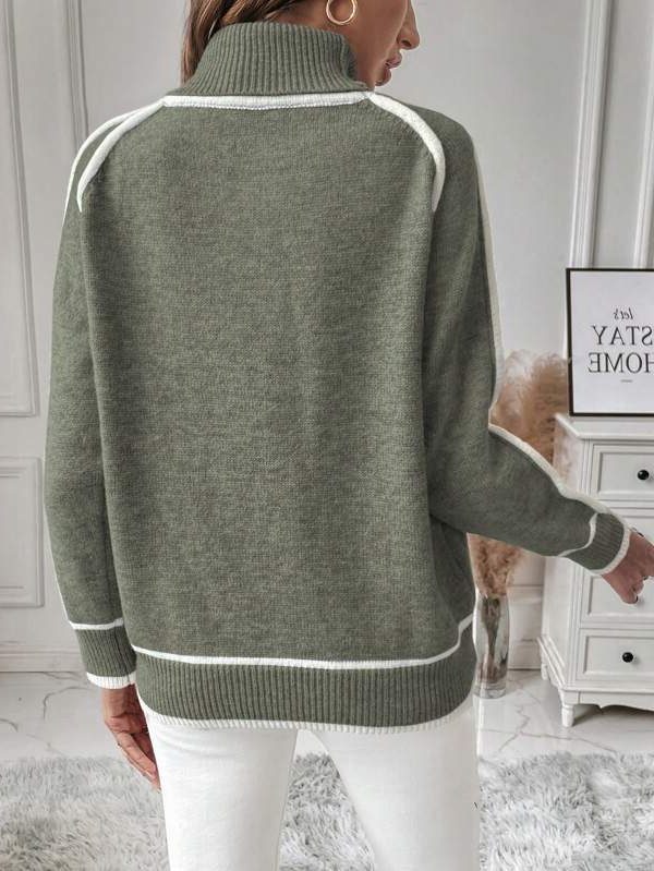 Women's Relaxed Turtleneck Jumper with White Contrast Trim, view 6
