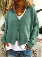 Women's Relaxed V-Neck Button-Front Knit Cardigan, Green, view 1