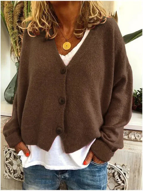 Women's Relaxed V-Neck Button-Front Knit Cardigan, Brown, view 2