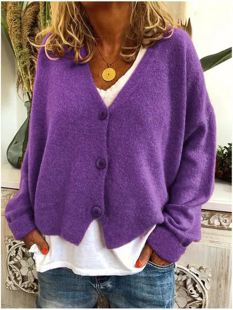 Women's Relaxed V-Neck Button-Front Knit Cardigan, Purple, view 3