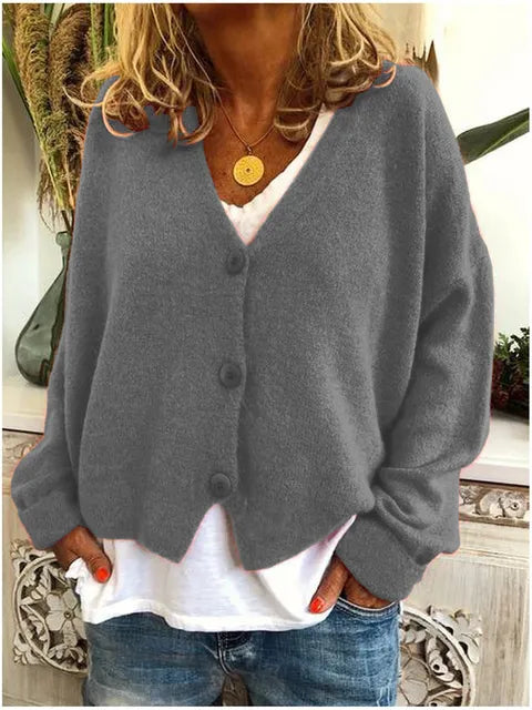 Women's Relaxed V-Neck Button-Front Knit Cardigan, Grey, view 4