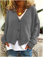 Women's Relaxed V-Neck Button-Front Knit Cardigan, Grey, view 4