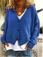 Women's Relaxed V-Neck Button-Front Knit Cardigan, Blue, view 5