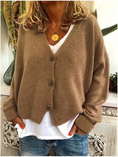Women's Relaxed V-Neck Button-Front Knit Cardigan, Khaki, view 6