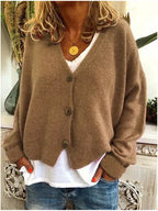 Women's Relaxed V-Neck Button-Front Knit Cardigan, Khaki, view 6