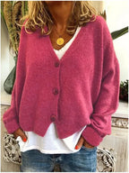 Women's Relaxed V-Neck Button-Front Knit Cardigan, Pink, view 7