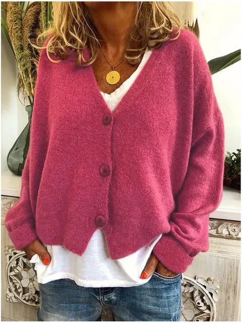 Women's Relaxed V-Neck Button-Front Knit Cardigan, Pink, view 7