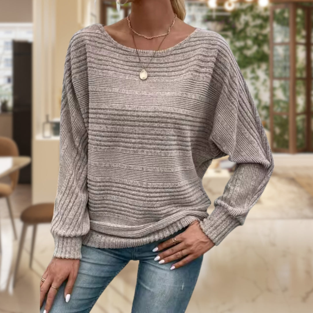 Women's Relaxed Waffle Knit Jumper with Wide Sleeves and Round Neck, Grey, view 1