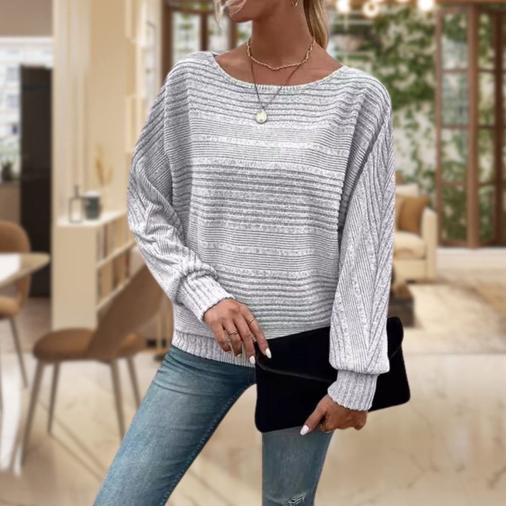 Women's Relaxed Waffle Knit Jumper with Wide Sleeves and Round Neck, Light Grey, view 4