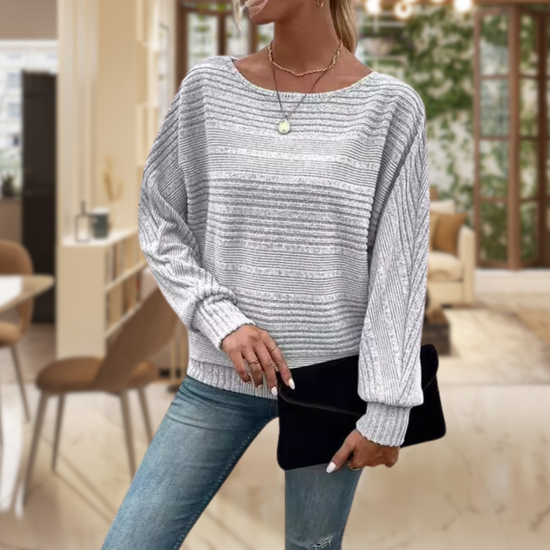 Women's Relaxed Waffle Knit Jumper with Wide Sleeves and Round Neck, Light Grey, view 4
