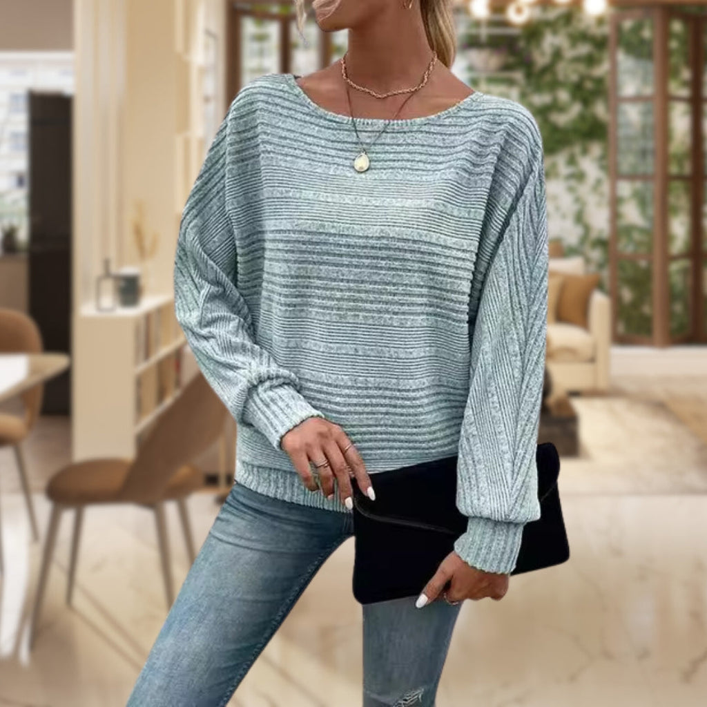 Women's Relaxed Waffle Knit Jumper with Wide Sleeves and Round Neck, Light Blue, view 5