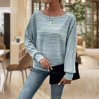 Women's Relaxed Waffle Knit Jumper with Wide Sleeves and Round Neck, Light Blue, view 5