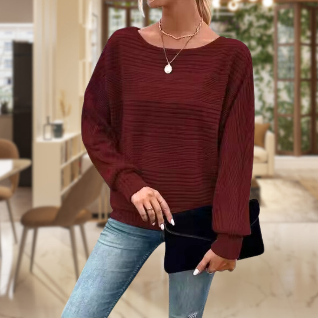 Women's Relaxed Waffle Knit Jumper with Wide Sleeves and Round Neck, Red, view 6