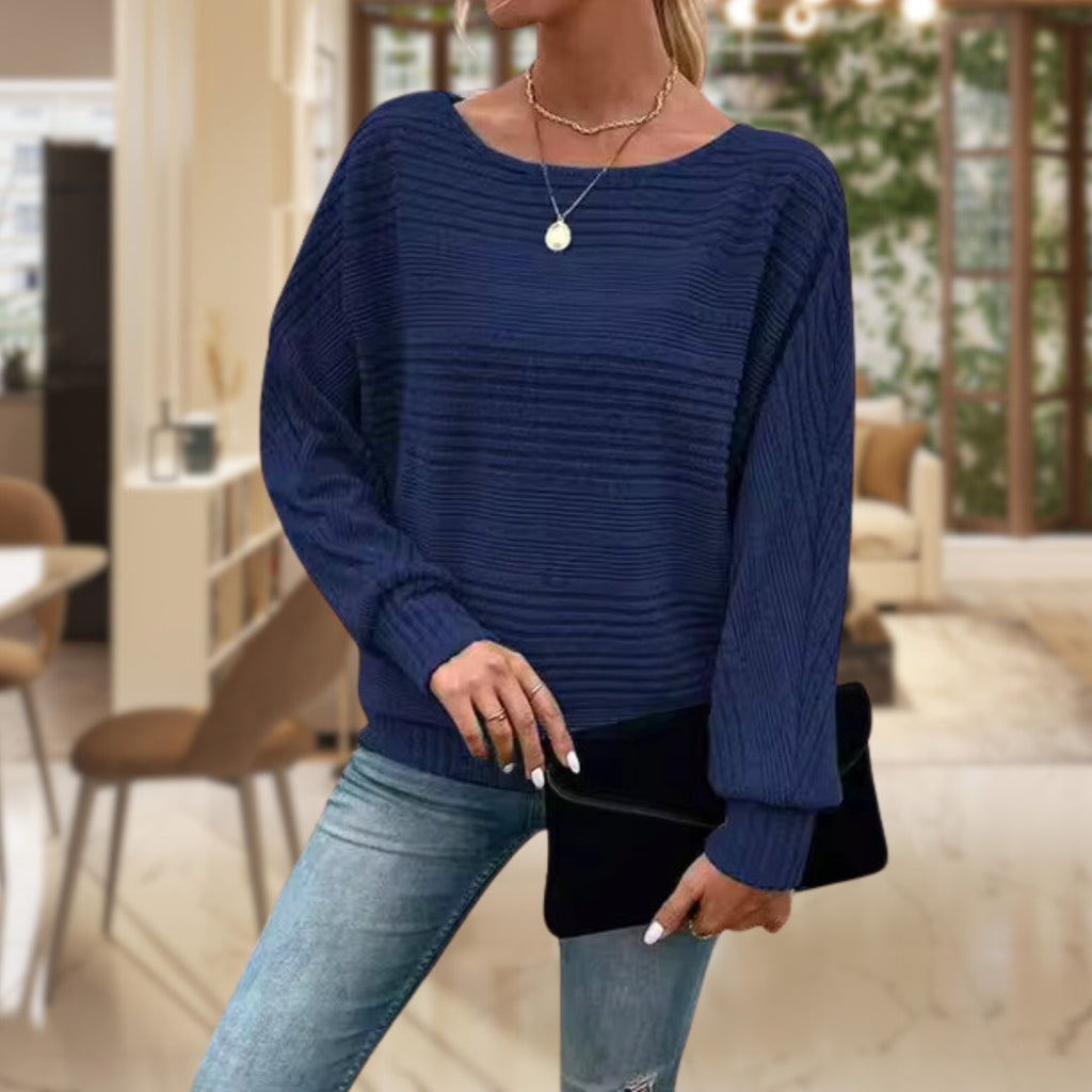 Women's Relaxed Waffle Knit Jumper with Wide Sleeves and Round Neck, Blue, view 7