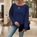 Women's Relaxed Waffle Knit Jumper with Wide Sleeves and Round Neck, Blue, view 7