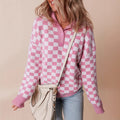 Women's Retro Checkerboard Collared Jumper with Buttons, Pink, view 1