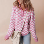 Women's Retro Checkerboard Collared Jumper with Buttons, Pink, view 1