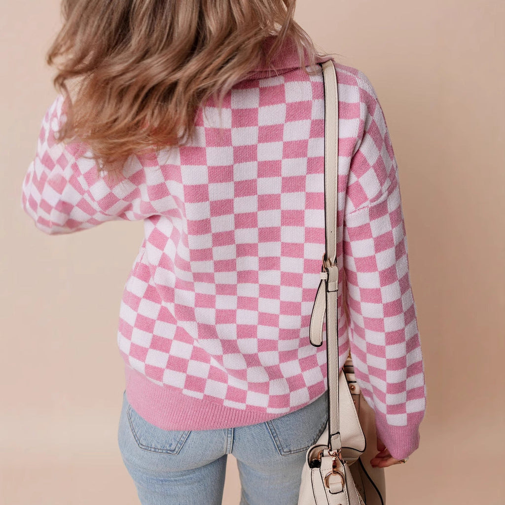 Women's Retro Checkerboard Collared Jumper with Buttons, view 2