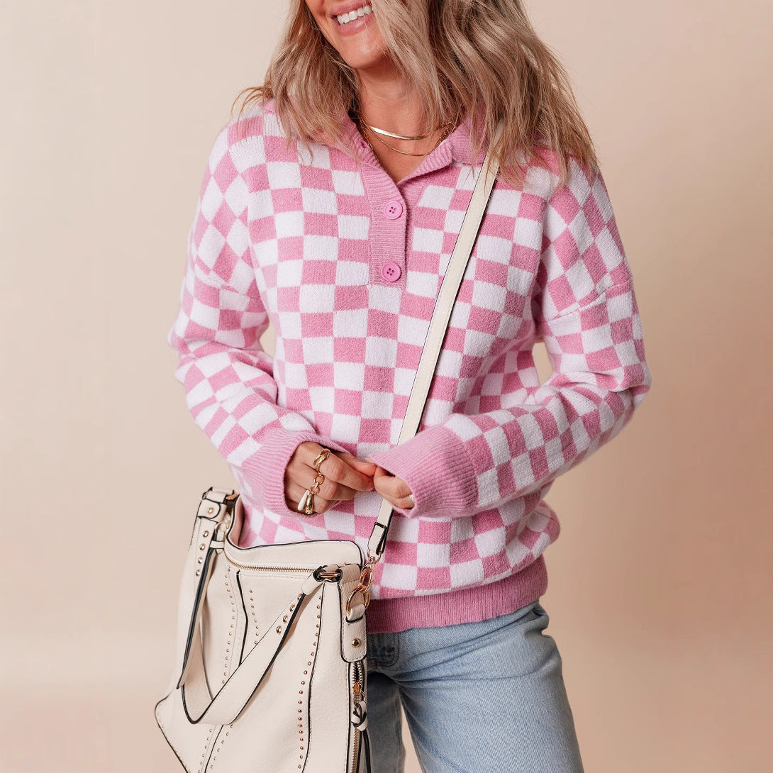 Women's Retro Checkerboard Collared Jumper with Buttons, view 3