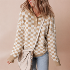 Women's Retro Checkerboard Collared Jumper with Buttons, Brown, view 4