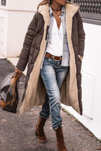 Women's Reversible Hooded Puffer Coat with Sherpa Texture, Brown, view 1