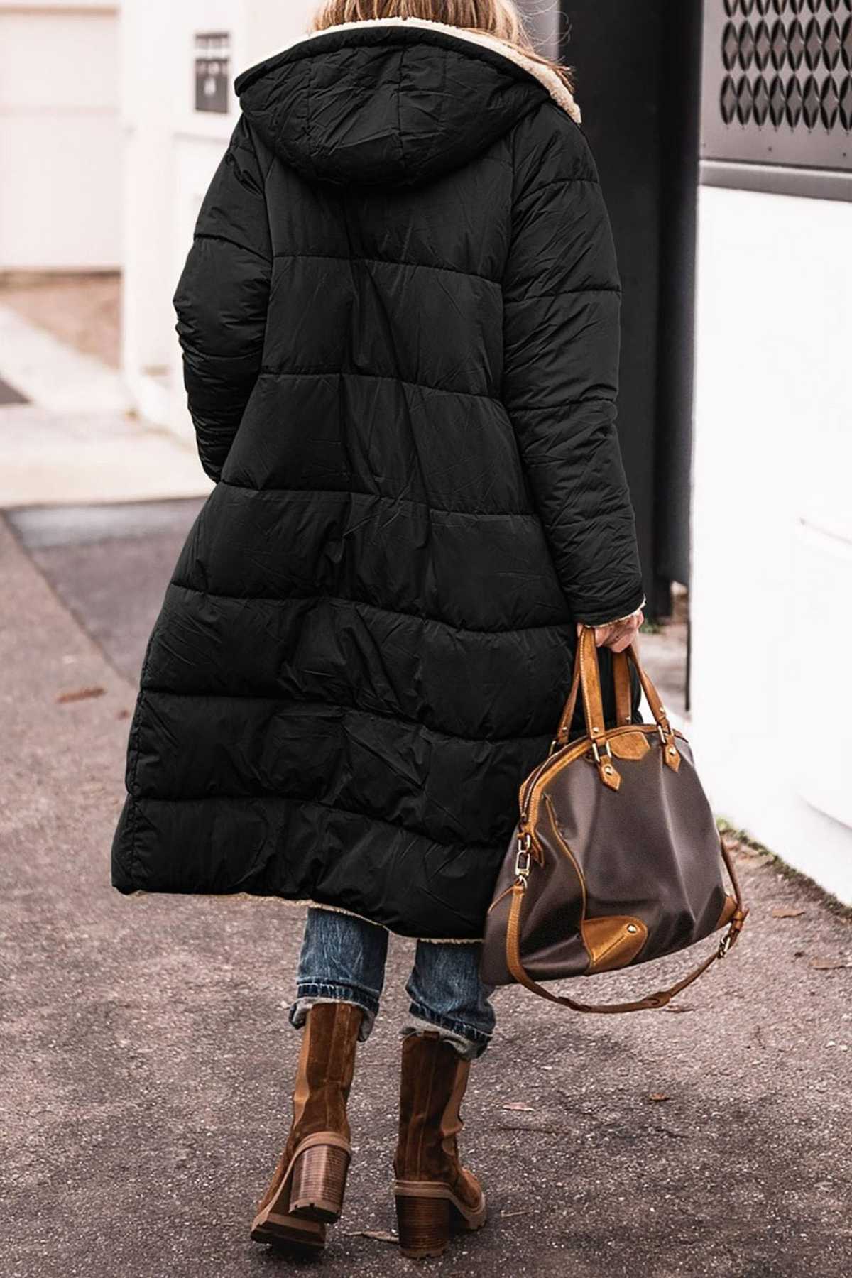 Women's Reversible Hooded Puffer Coat with Sherpa Texture, view 4