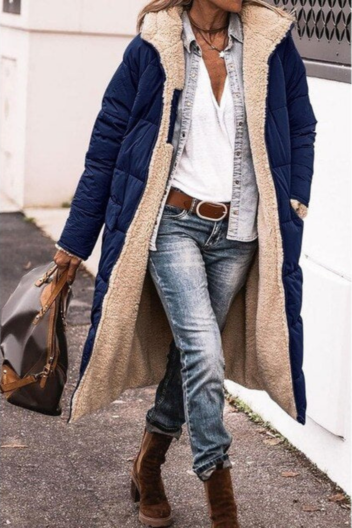 Women's Reversible Hooded Puffer Coat with Sherpa Texture, Navy Blue, view 5