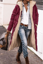 Women's Reversible Hooded Puffer Coat with Sherpa Texture, Wine Red, view 7