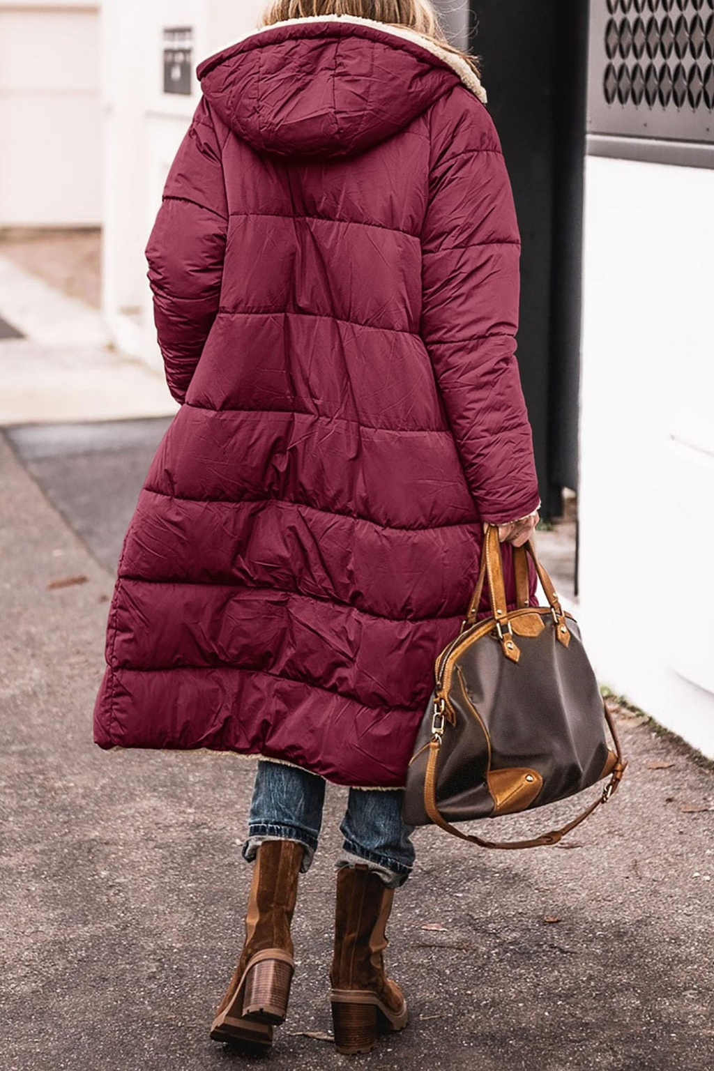 Women's Reversible Hooded Puffer Coat with Sherpa Texture, view 9