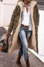 Women's Reversible Hooded Puffer Coat with Sherpa Texture, Army Green, view 10